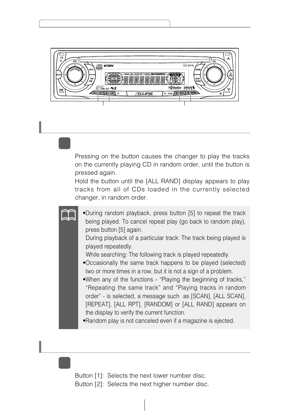 Skipping to the next or previous cd, 1playing tracks in random order (random) | Eclipse - Fujitsu Ten CD5415 User Manual | Page 64 / 95