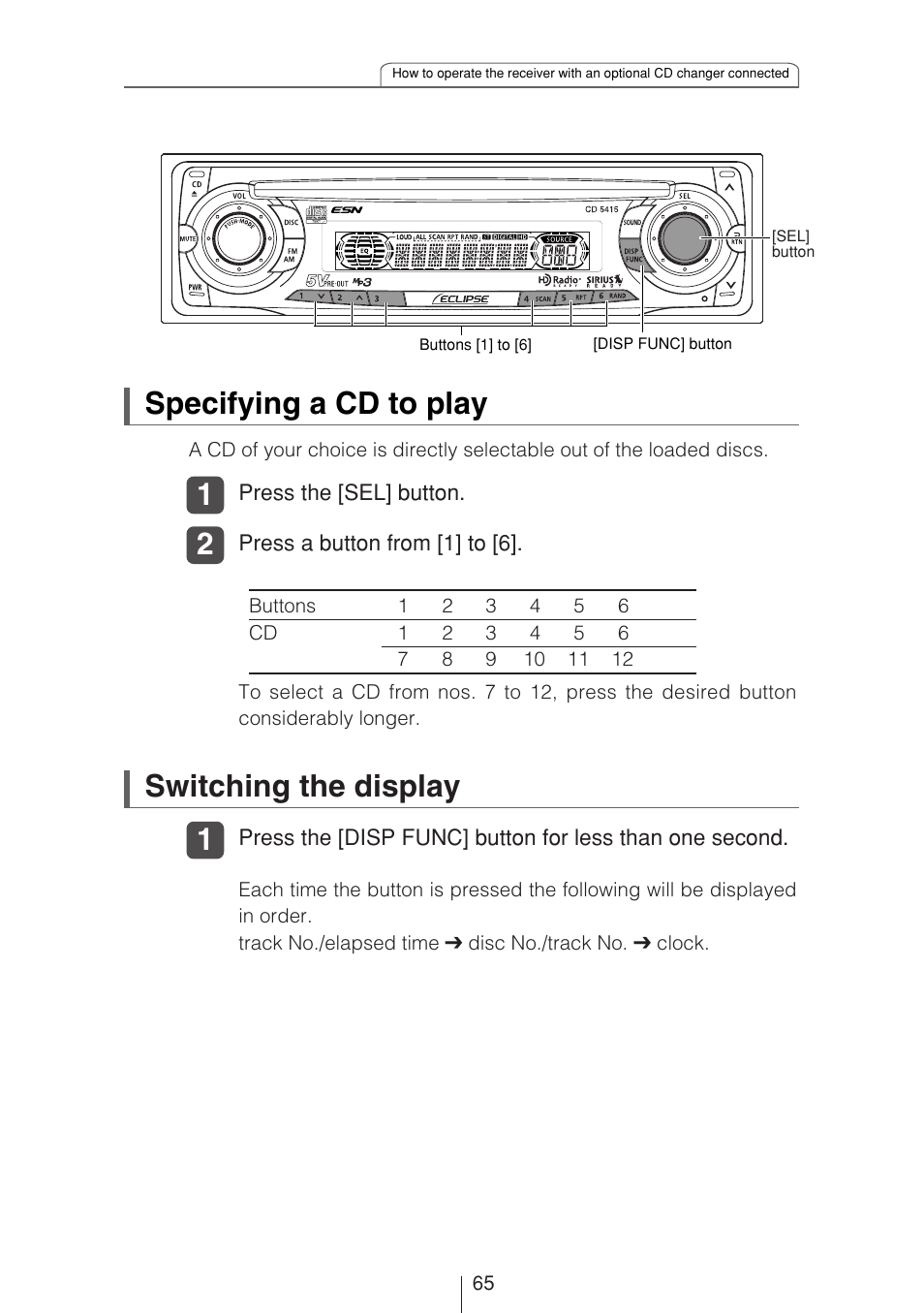 Switching the display, 1specifying a cd to play | Eclipse - Fujitsu Ten CD5415 User Manual | Page 65 / 95