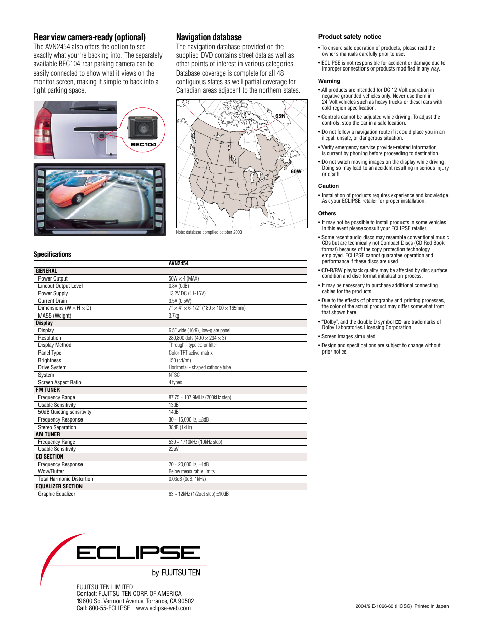 Rear view camera-ready (optional), Navigation database, Specifications | Eclipse - Fujitsu Ten avn 2454 User Manual | Page 12 / 12