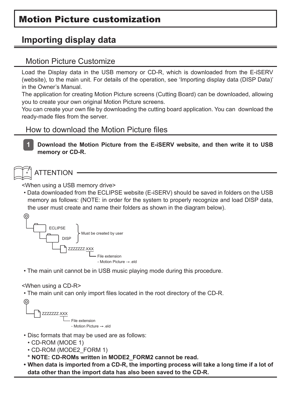 Motion picture customization, Importing display data, Motion picture customize | How to download the motion picture files, How to download the motion picture fi les, Attention | Eclipse - Fujitsu Ten E-iSERV VCD3200 User Manual | Page 2 / 5