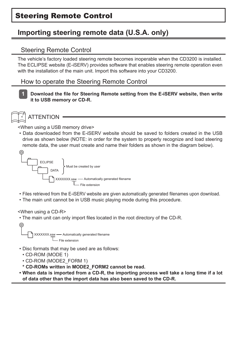 Steering remote control, Importing steering remote data (u.s.a. only), How to operate the steering remote control | Attention | Eclipse - Fujitsu Ten E-iSERV VCD3200 User Manual | Page 4 / 5