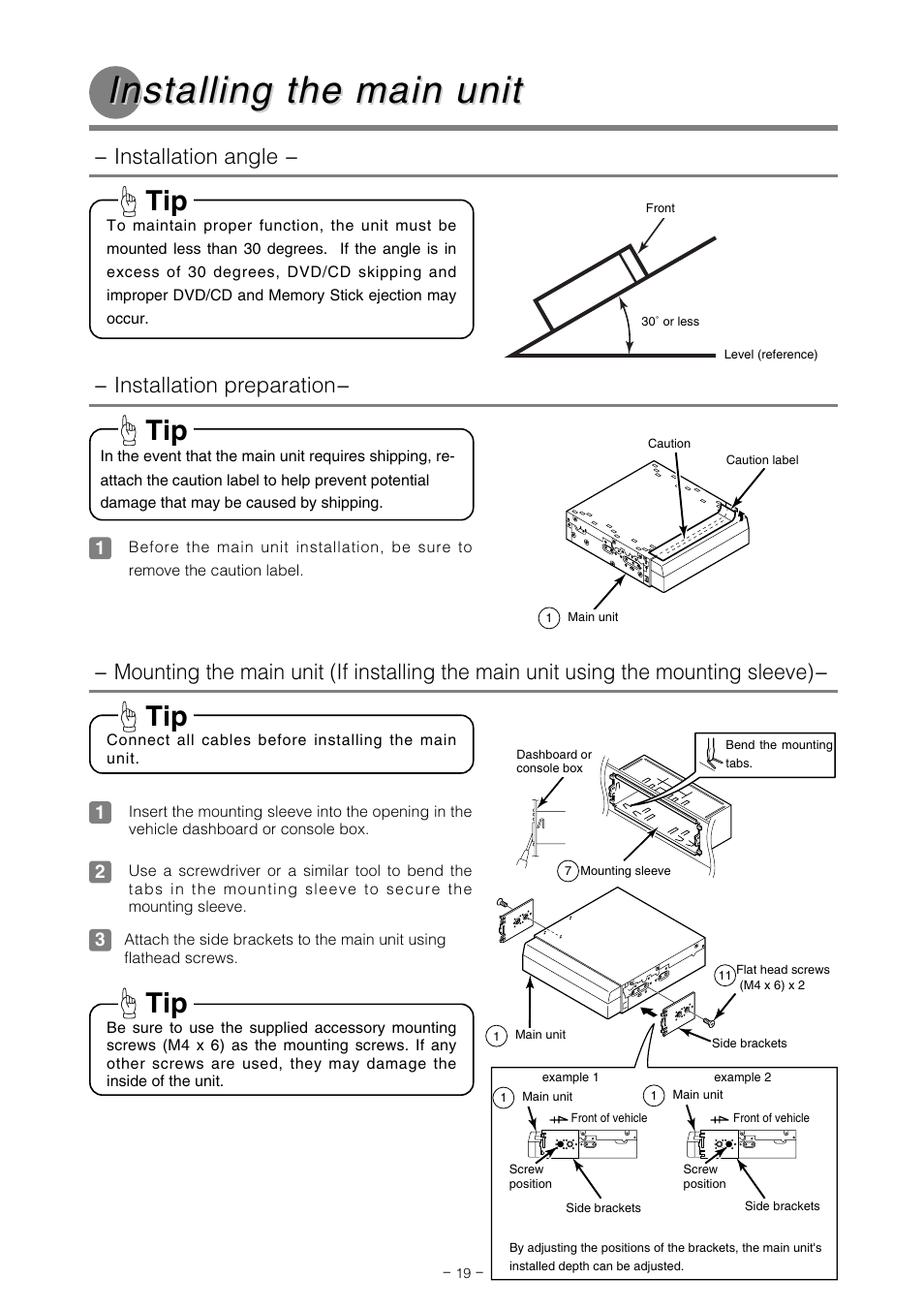 Installing the main unit, Installation angle, Installation preparation | Eclipse - Fujitsu Ten AVN7000  EN User Manual | Page 19 / 20