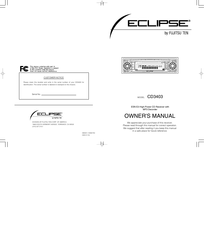 Eclipse - Fujitsu Ten CD3403 User Manual | 70 pages