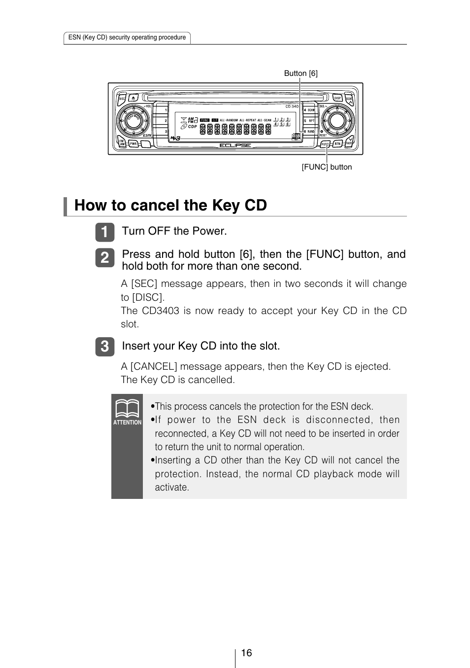 How to cancel the key cd | Eclipse - Fujitsu Ten CD3403 User Manual | Page 16 / 70