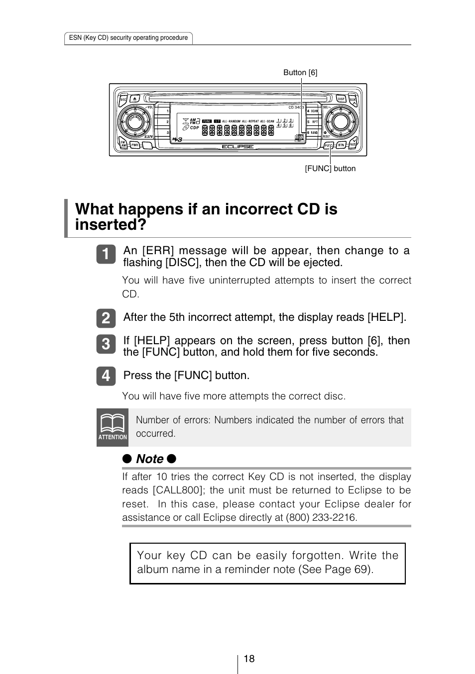 What happens if an incorrect cd is inserted | Eclipse - Fujitsu Ten CD3403 User Manual | Page 18 / 70