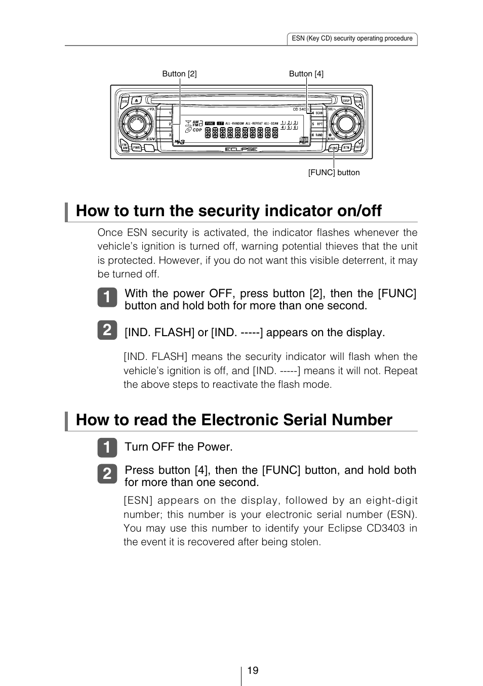 How to turn the security indicator on/off, How to read the electronic serial number | Eclipse - Fujitsu Ten CD3403 User Manual | Page 19 / 70