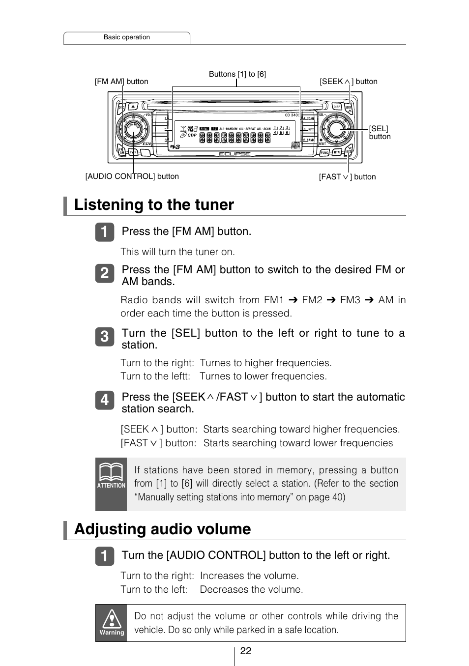 Listening to the tuner, Adjusting audio volume | Eclipse - Fujitsu Ten CD3403 User Manual | Page 22 / 70