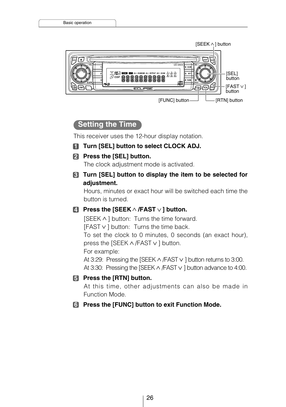 Setting the time | Eclipse - Fujitsu Ten CD3403 User Manual | Page 26 / 70