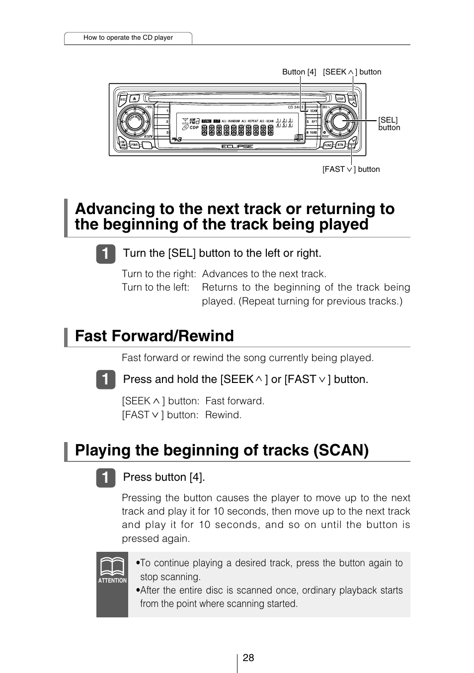 Playing the beginning of tracks (scan), Fast forward/rewind | Eclipse - Fujitsu Ten CD3403 User Manual | Page 28 / 70