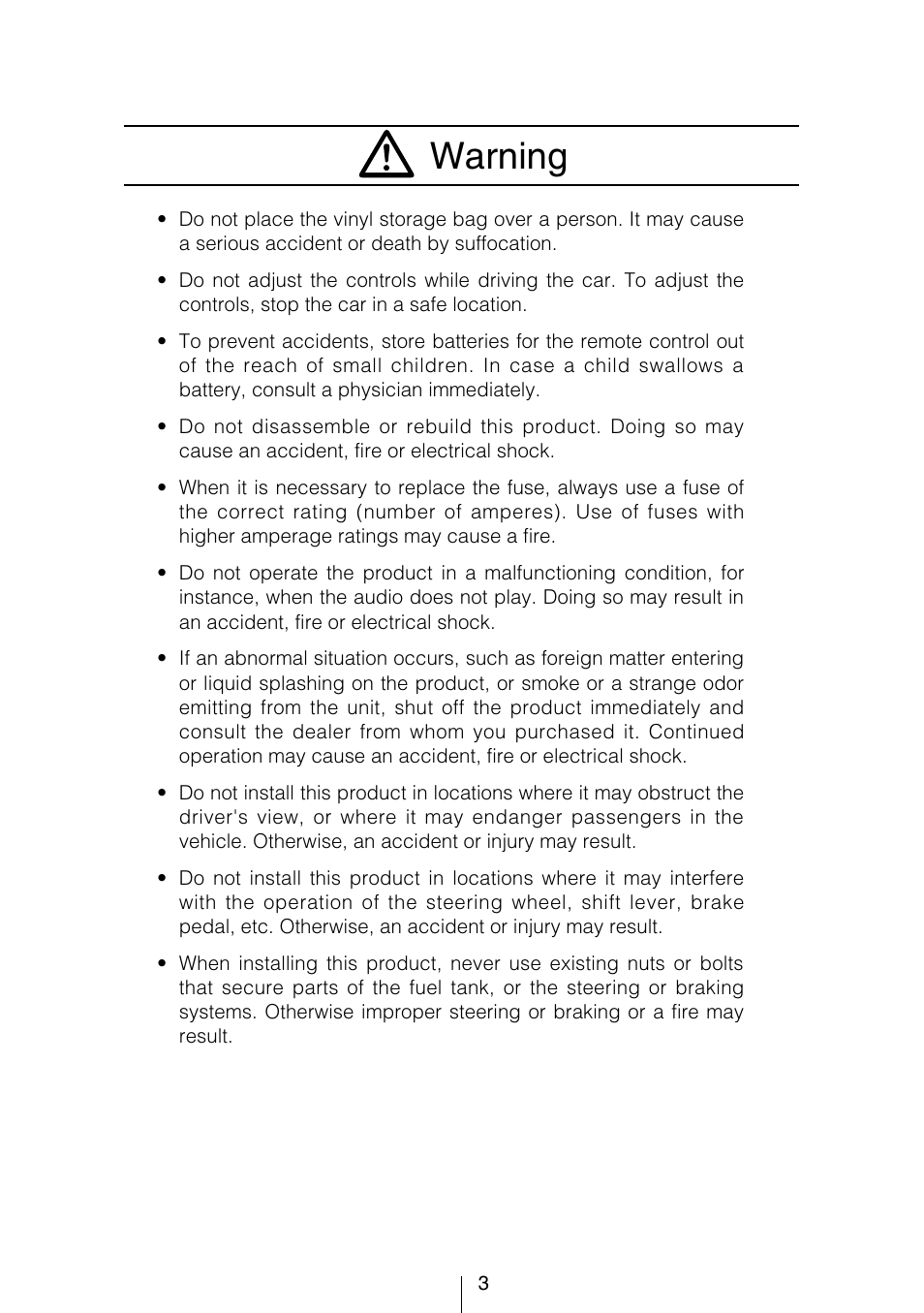 Warning | Eclipse - Fujitsu Ten CD3403 User Manual | Page 3 / 70