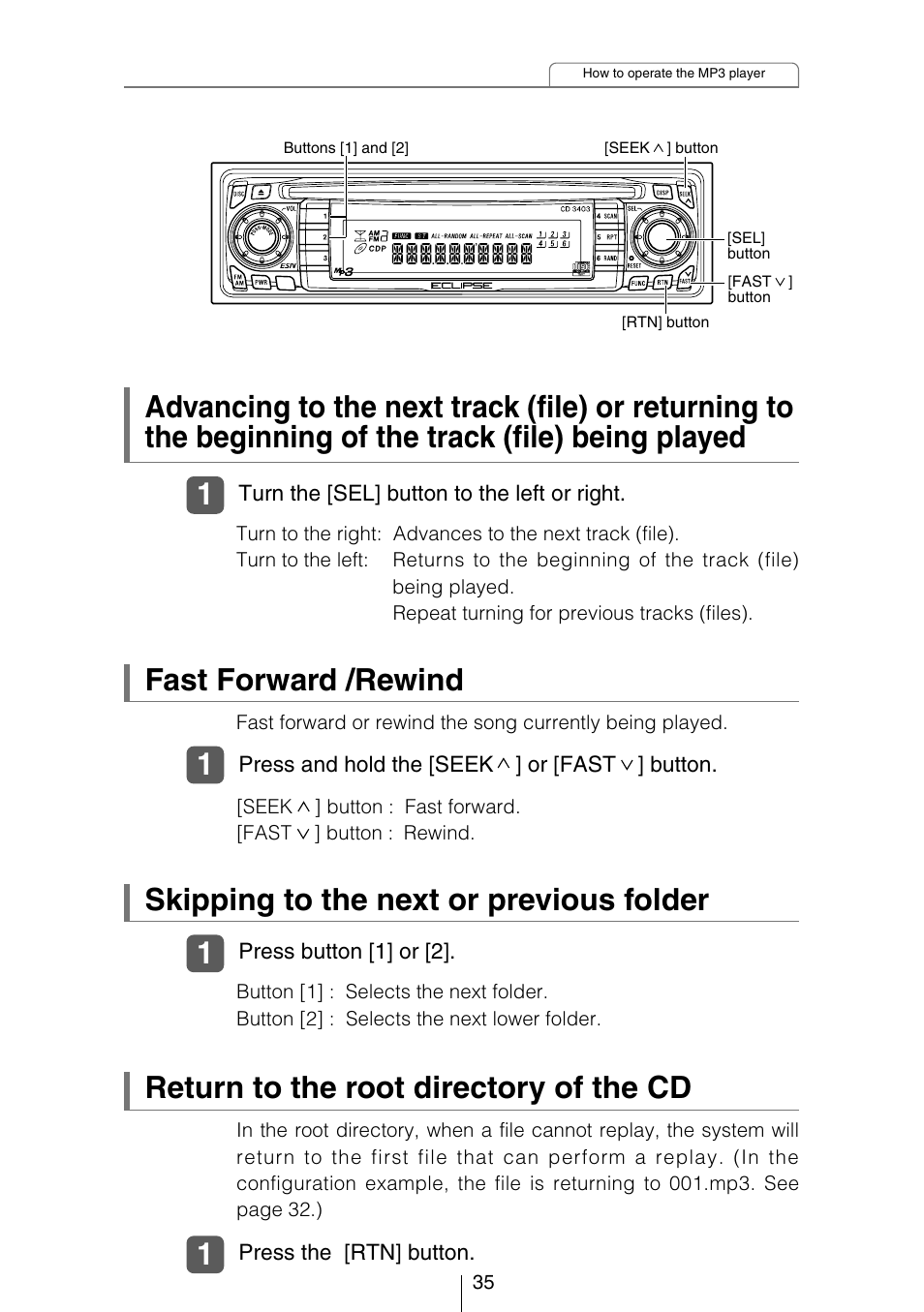 Skipping to the next or previous folder, Fast forward /rewind, Return to the root directory of the cd | Eclipse - Fujitsu Ten CD3403 User Manual | Page 35 / 70