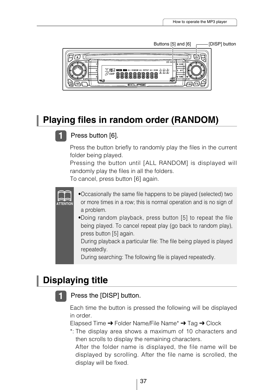 Playing files in random order (random), Displaying title | Eclipse - Fujitsu Ten CD3403 User Manual | Page 37 / 70