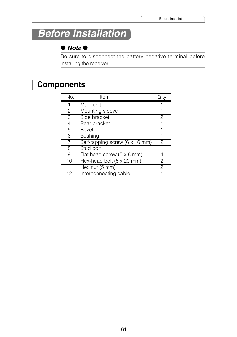 Before installation, Components | Eclipse - Fujitsu Ten CD3403 User Manual | Page 61 / 70