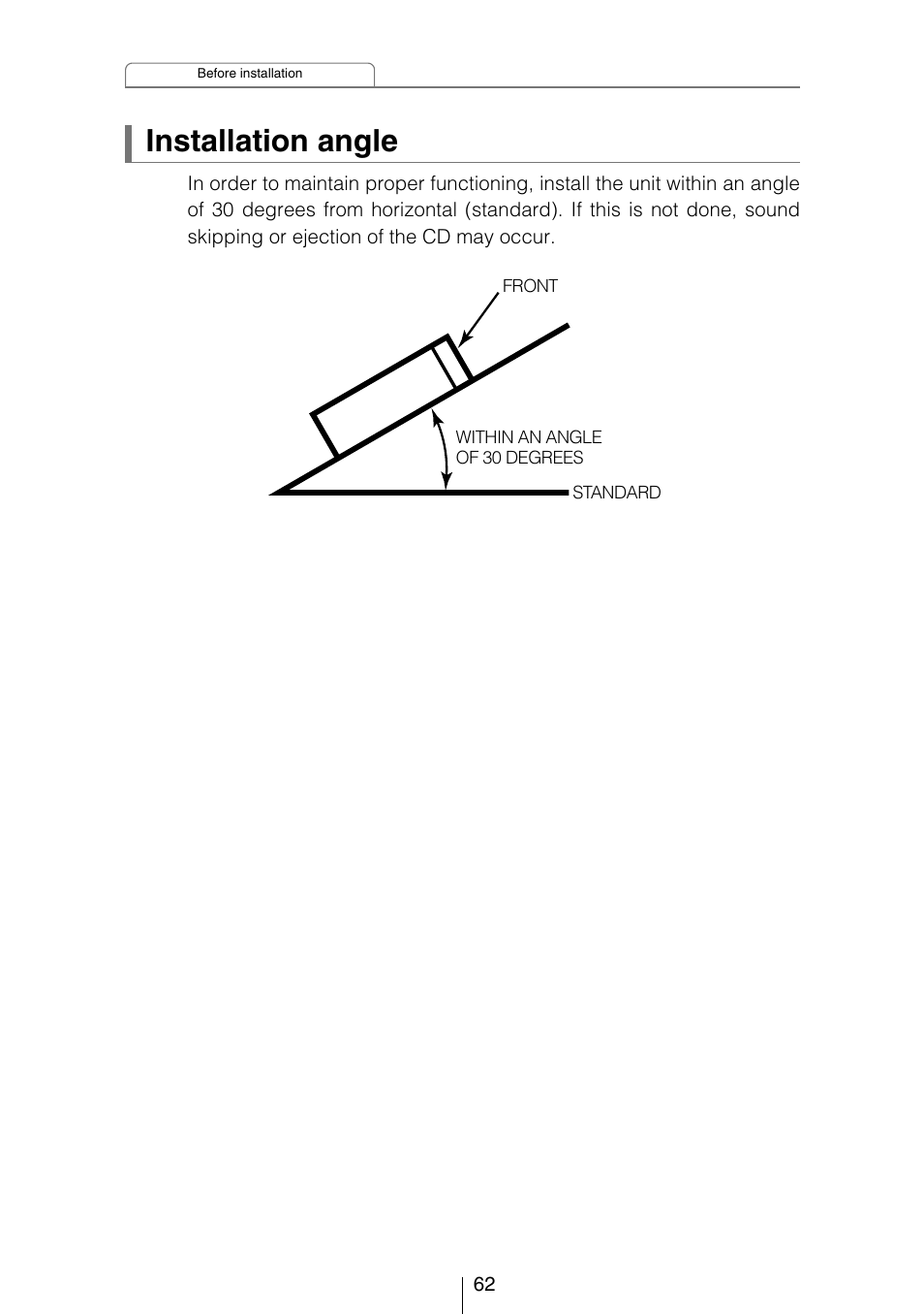 Installation angle | Eclipse - Fujitsu Ten CD3403 User Manual | Page 62 / 70