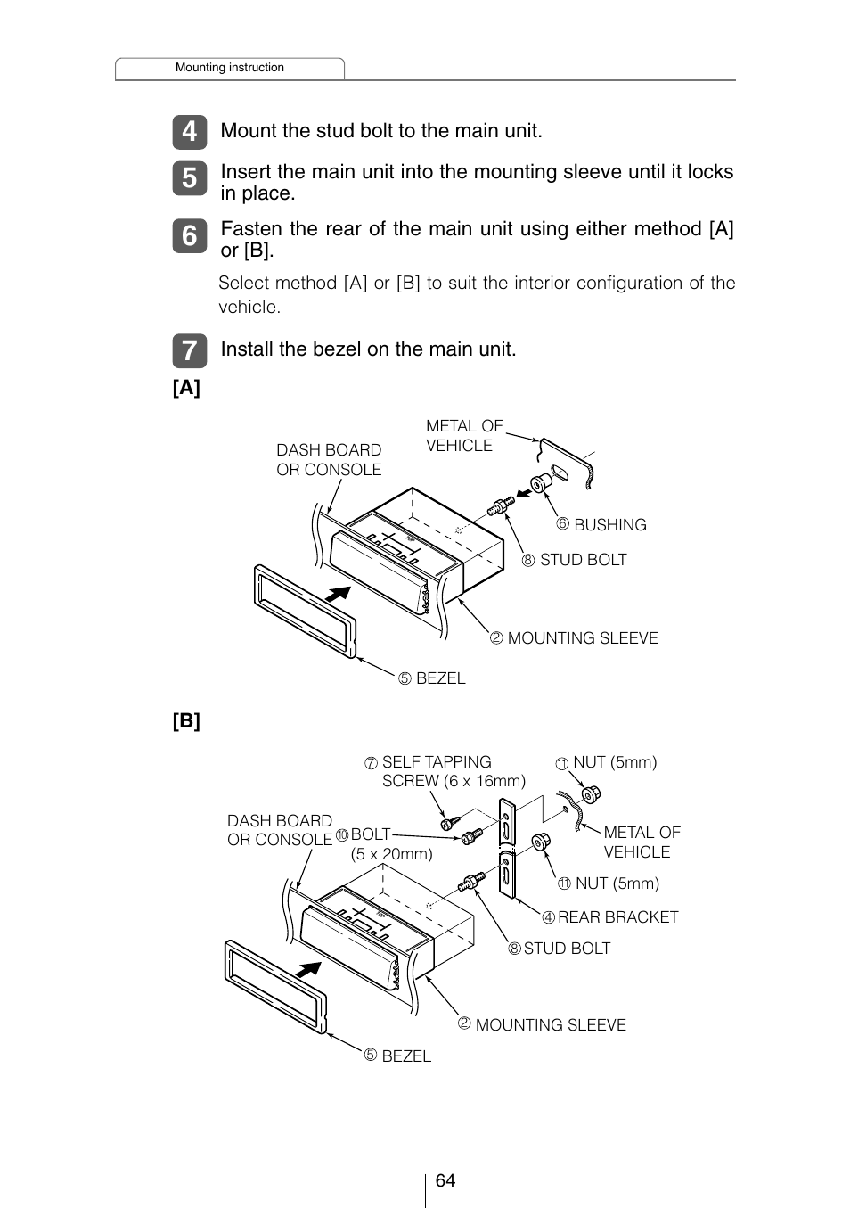 Mount the stud bolt to the main unit, Install the bezel on the main unit | Eclipse - Fujitsu Ten CD3403 User Manual | Page 64 / 70