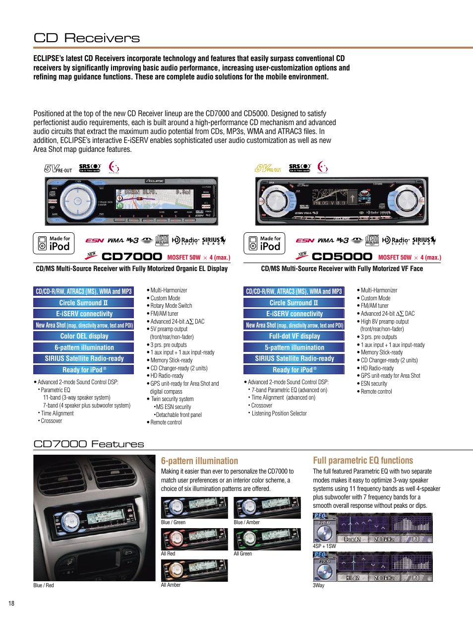 Cd receivers, Cd7000, Cd5000 | Cd7000 features, Pattern illumination, Full parametric eq functions | Eclipse - Fujitsu Ten ECLIPSE AVN7000 User Manual | Page 18 / 36