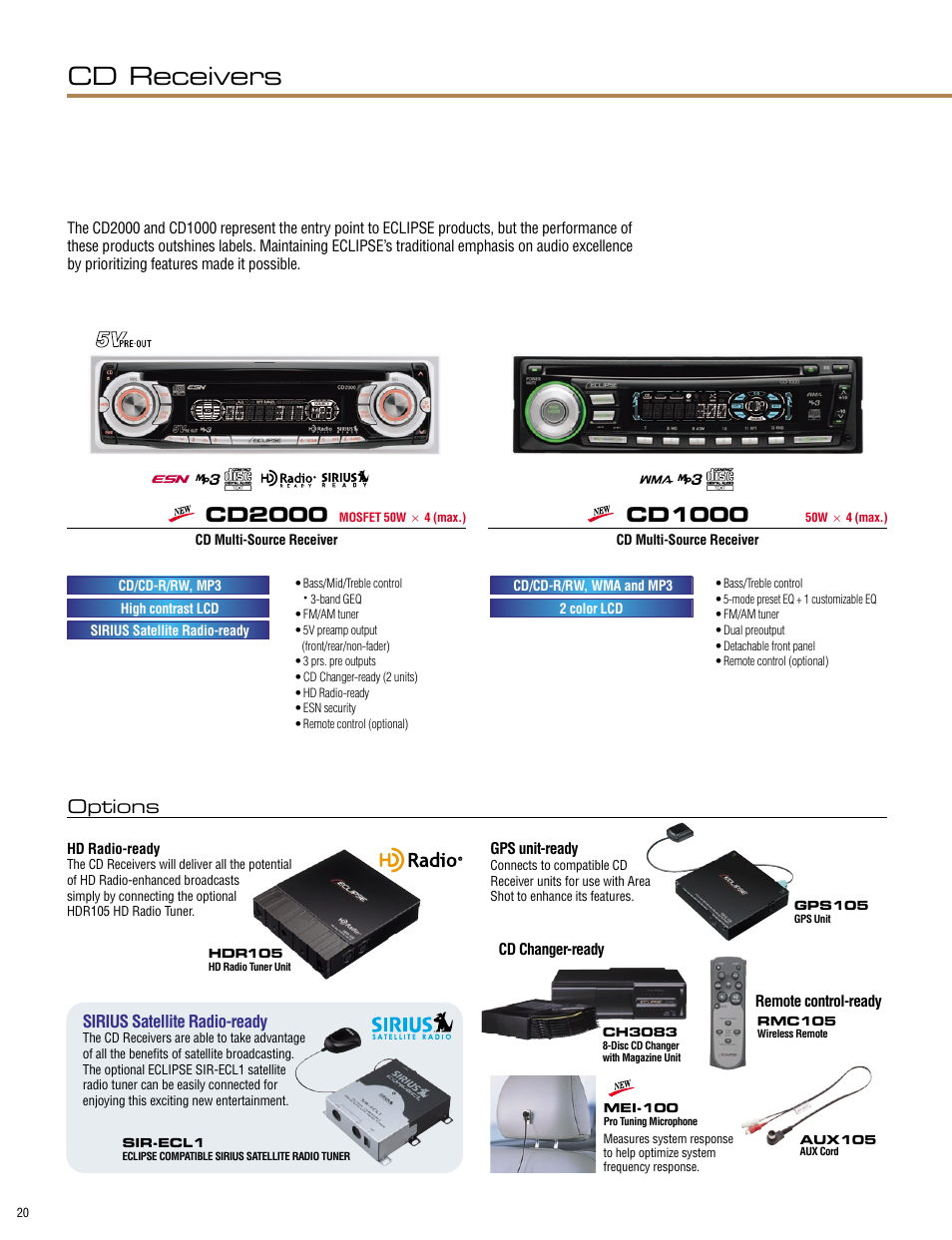 Cd receivers, Cd2000, Cd1000 | Options, Sirius satellite radio-ready | Eclipse - Fujitsu Ten ECLIPSE AVN7000 User Manual | Page 20 / 36
