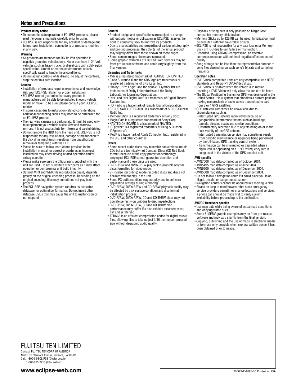Fujitsu ten limited | Eclipse - Fujitsu Ten ECLIPSE AVN7000 User Manual | Page 36 / 36