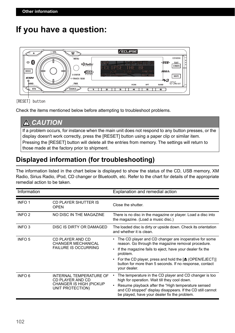 If you have a question, Displayed information (for troubleshooting), Caution 1 2 | Eclipse - Fujitsu Ten ECLIPSE CD3200 User Manual | Page 102 / 111