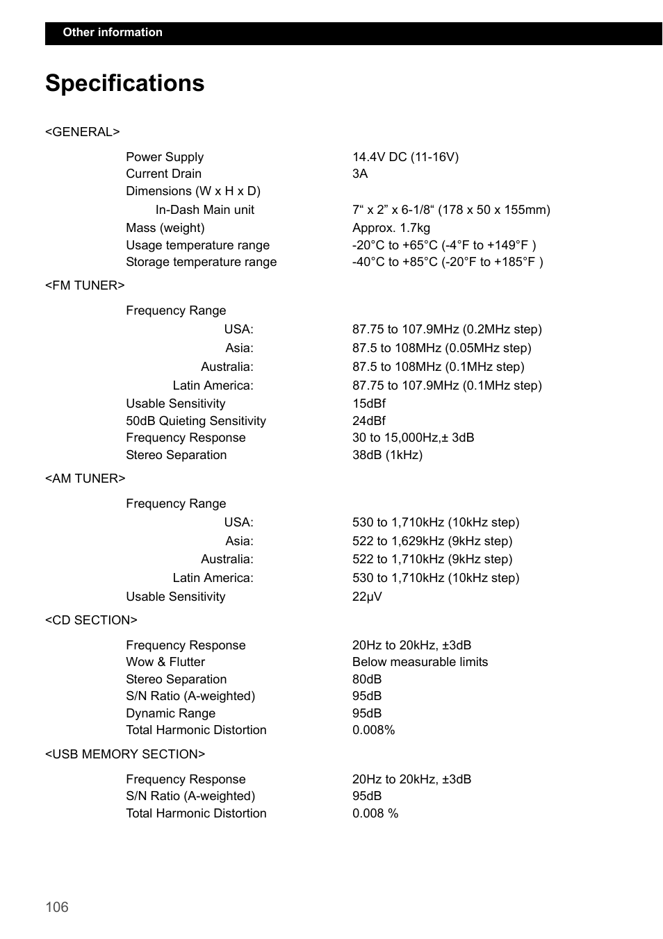 Specifications | Eclipse - Fujitsu Ten ECLIPSE CD3200 User Manual | Page 106 / 111