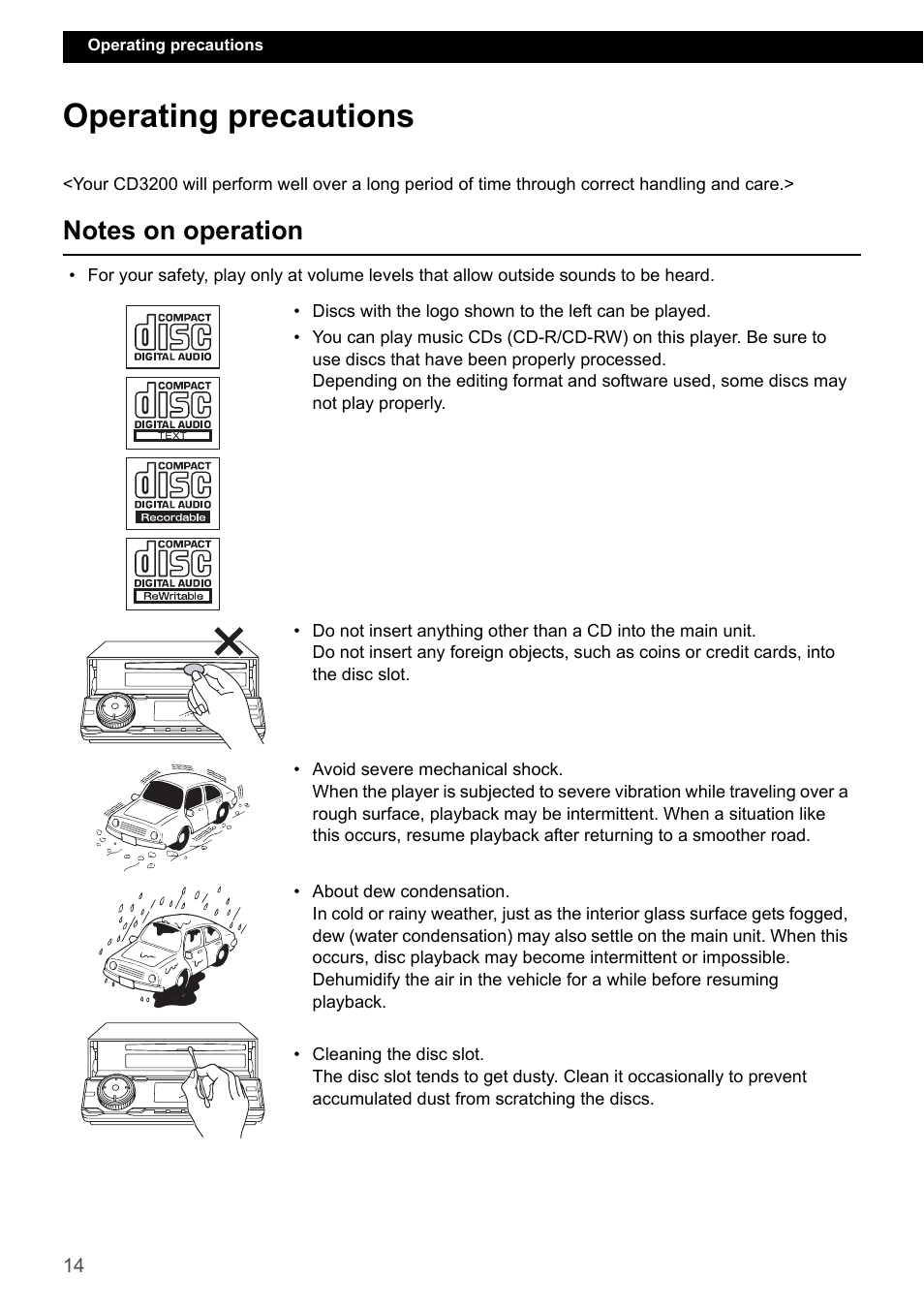 Operating precautions, Notes on operation | Eclipse - Fujitsu Ten ECLIPSE CD3200 User Manual | Page 14 / 111