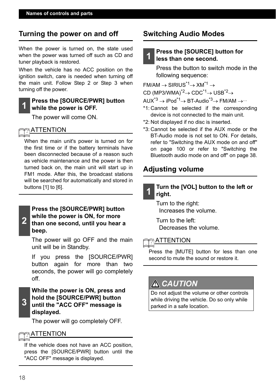 Turning the power on and off, Switching audio modes, Adjusting volume | Caution 1 2 | Eclipse - Fujitsu Ten ECLIPSE CD3200 User Manual | Page 18 / 111