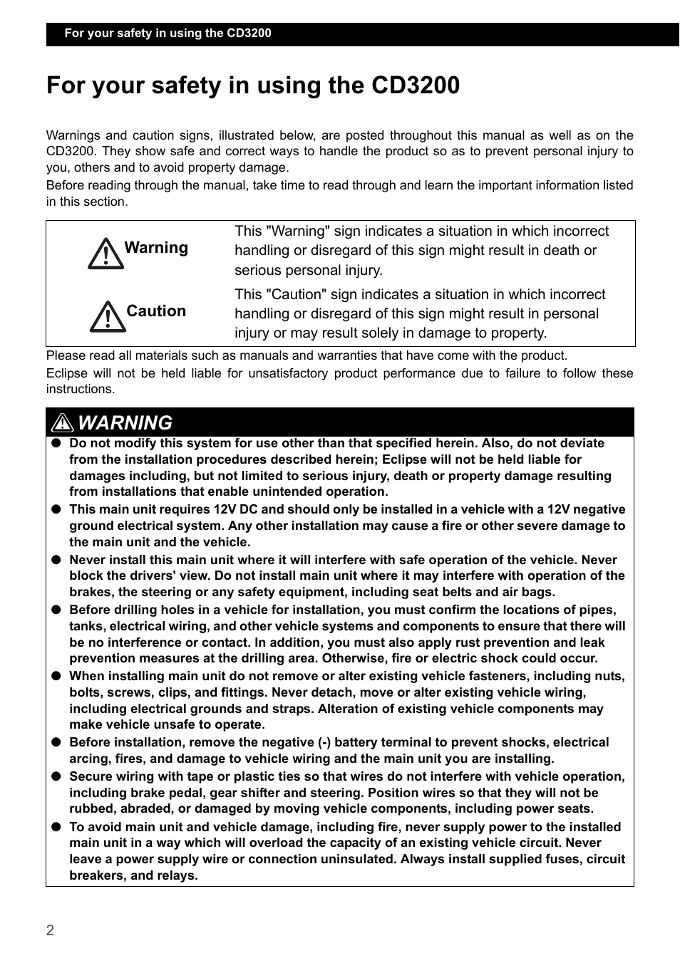 For your safety in using the cd3200, Warning 1 2 | Eclipse - Fujitsu Ten ECLIPSE CD3200 User Manual | Page 2 / 111