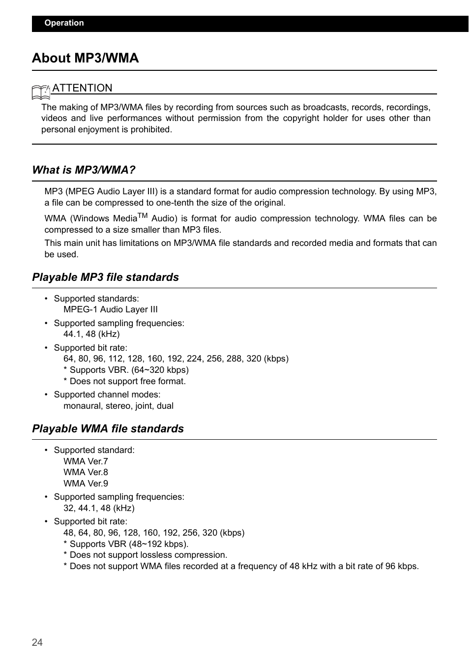 About mp3/wma, What is mp3/wma, Playable mp3 file standards | Playable wma file standards | Eclipse - Fujitsu Ten ECLIPSE CD3200 User Manual | Page 24 / 111