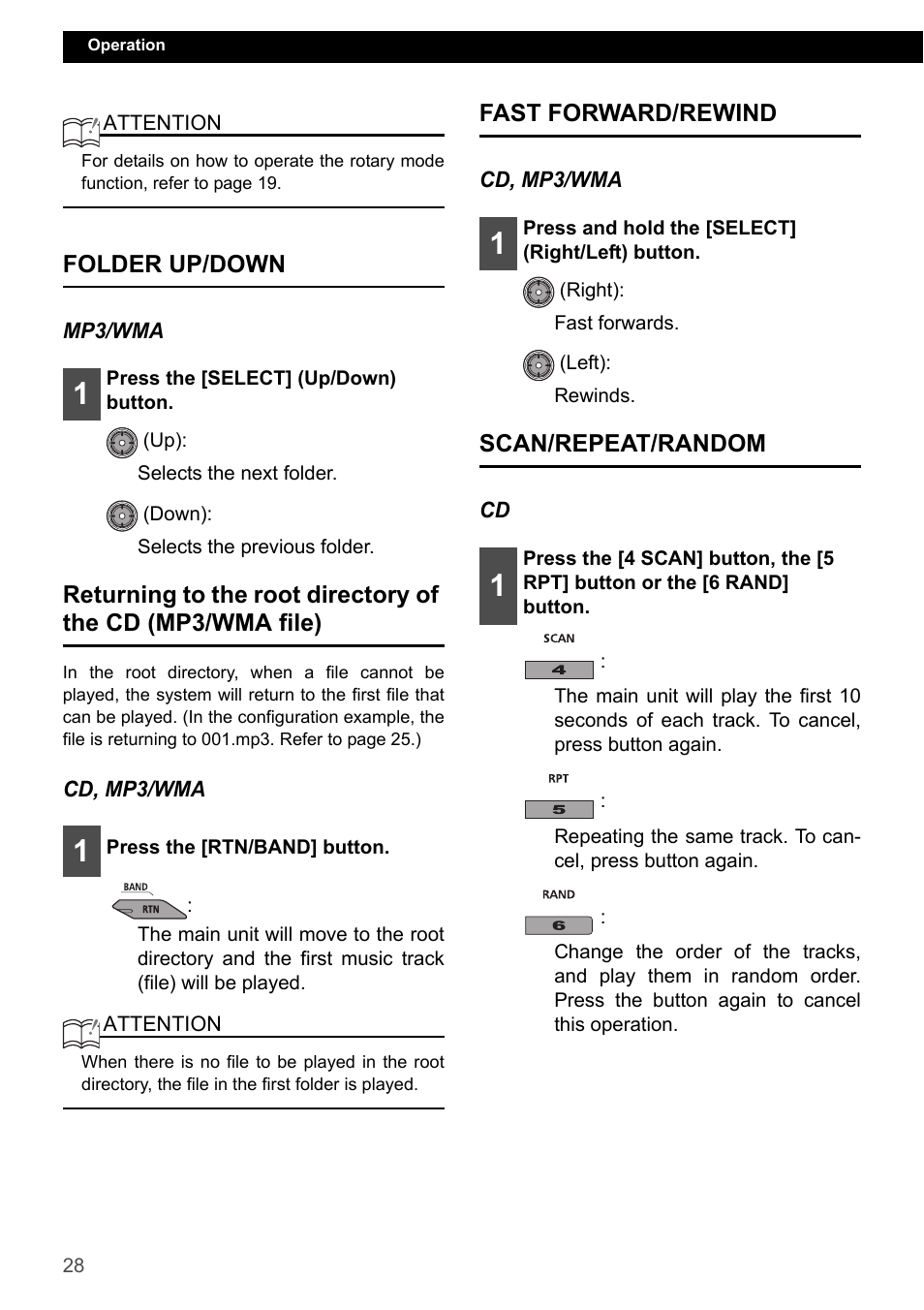 Folder up/down, Fast forward/rewind, Scan/repeat/random | Eclipse - Fujitsu Ten ECLIPSE CD3200 User Manual | Page 28 / 111