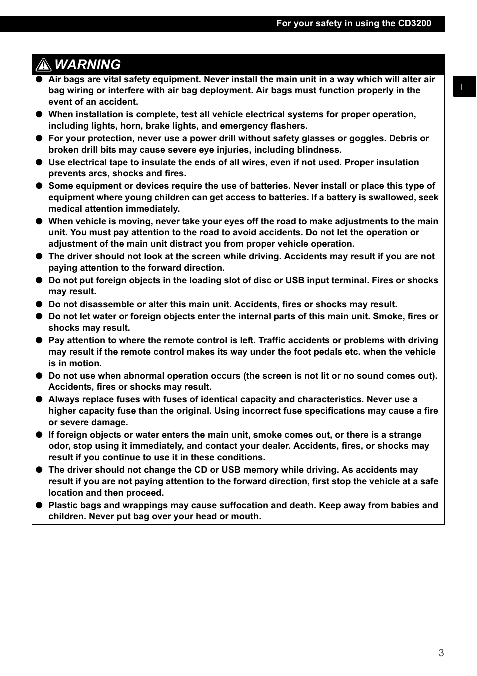 Warning 1 2 | Eclipse - Fujitsu Ten ECLIPSE CD3200 User Manual | Page 3 / 111