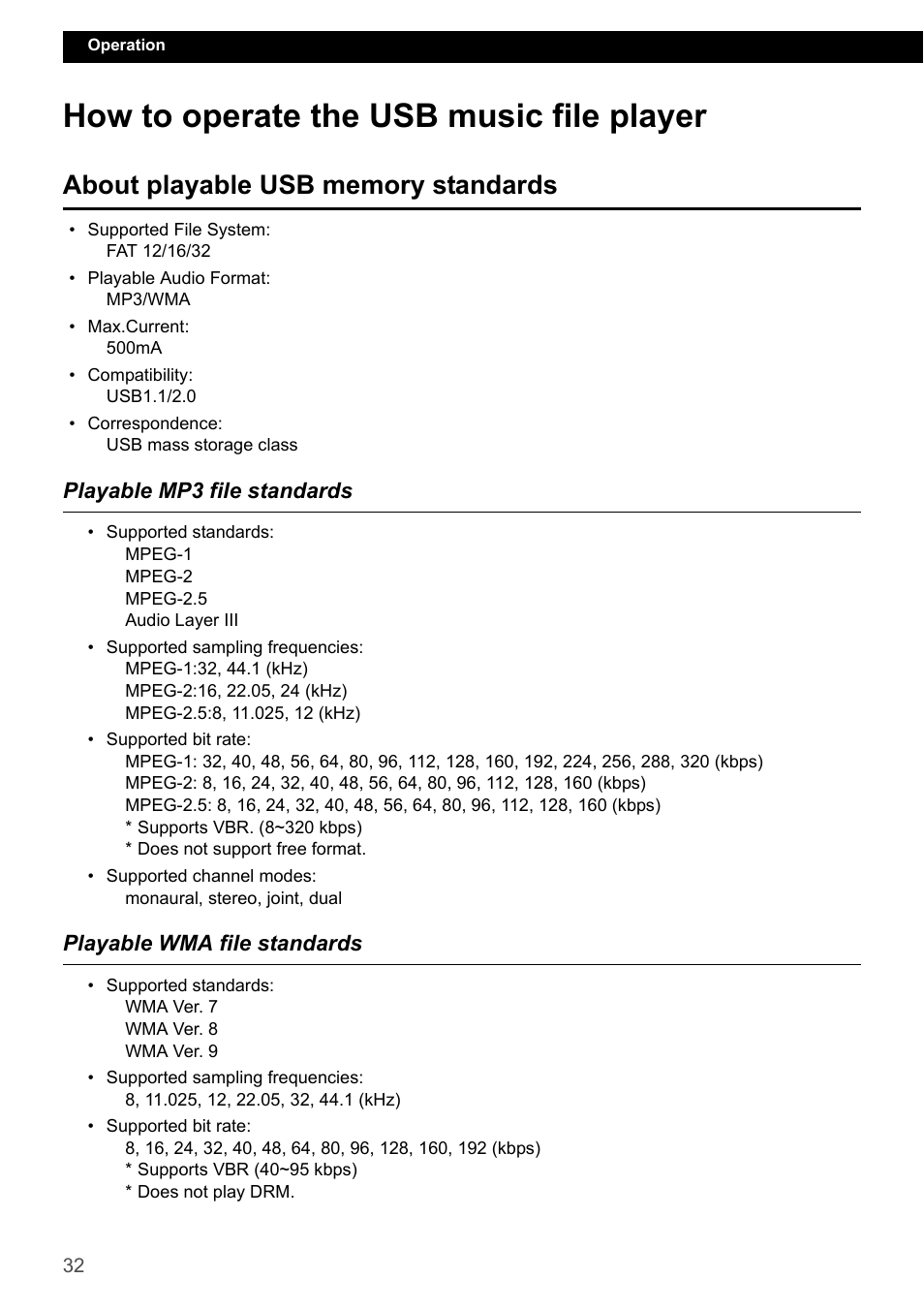 How to operate the usb music file player, About playable usb memory standards, Playable mp3 file standards | Playable wma file standards | Eclipse - Fujitsu Ten ECLIPSE CD3200 User Manual | Page 32 / 111