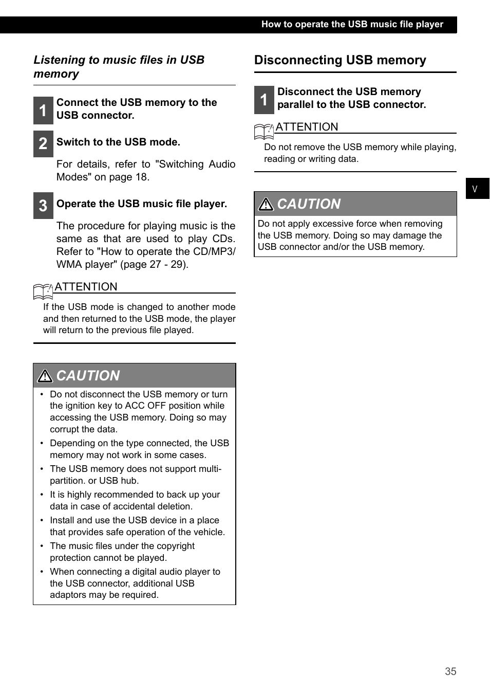 Listening to music files in usb memory, Disconnecting usb memory, Caution 1 2 | Eclipse - Fujitsu Ten ECLIPSE CD3200 User Manual | Page 35 / 111