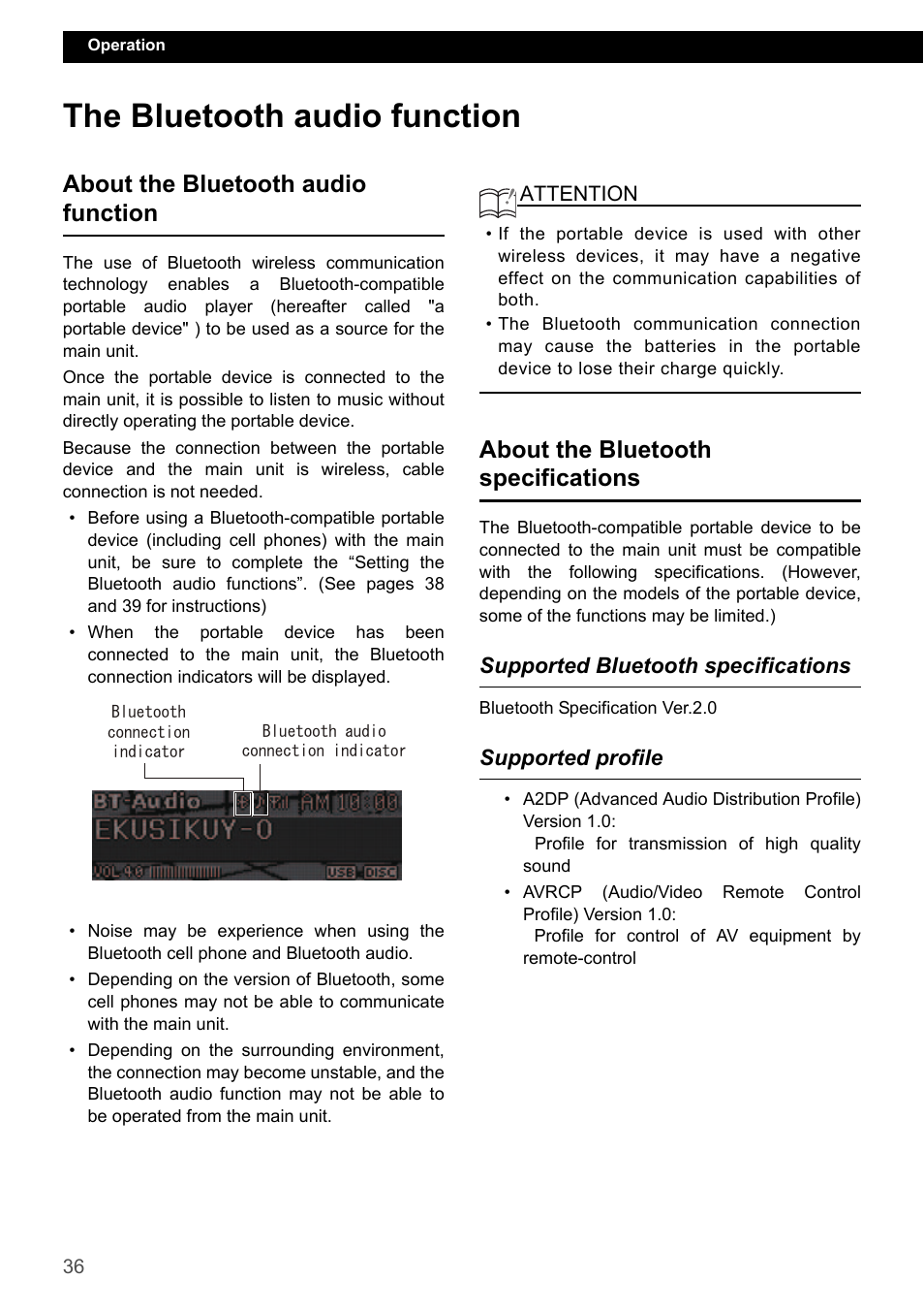 The bluetooth audio function, About the bluetooth audio function, About the bluetooth specifications | Supported bluetooth specifications, Supported profile | Eclipse - Fujitsu Ten ECLIPSE CD3200 User Manual | Page 36 / 111