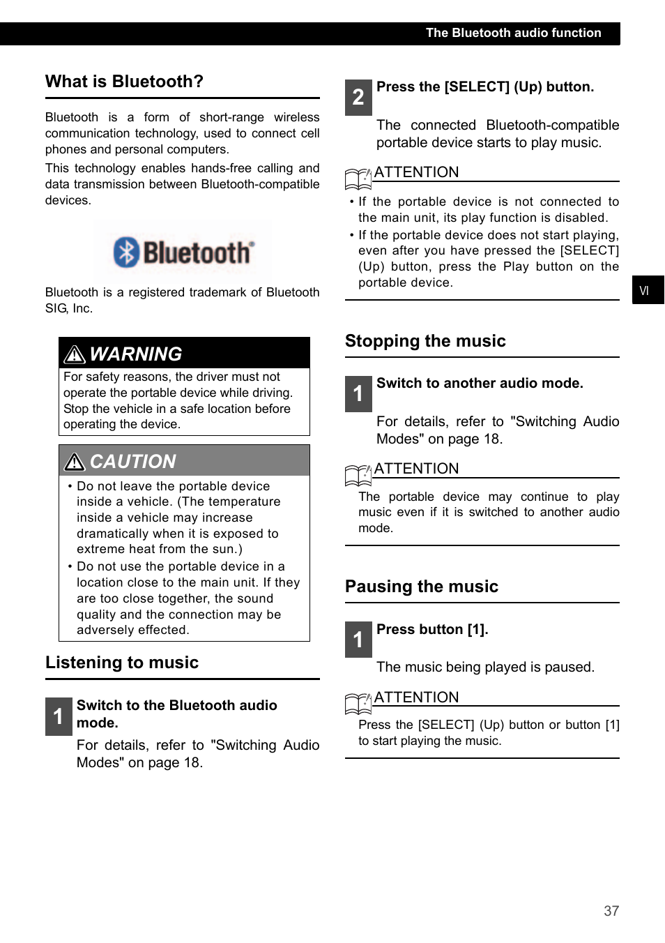 What is bluetooth, Listening to music, Stopping the music | Pausing the music, Warning 1 2, Caution 1 2 | Eclipse - Fujitsu Ten ECLIPSE CD3200 User Manual | Page 37 / 111