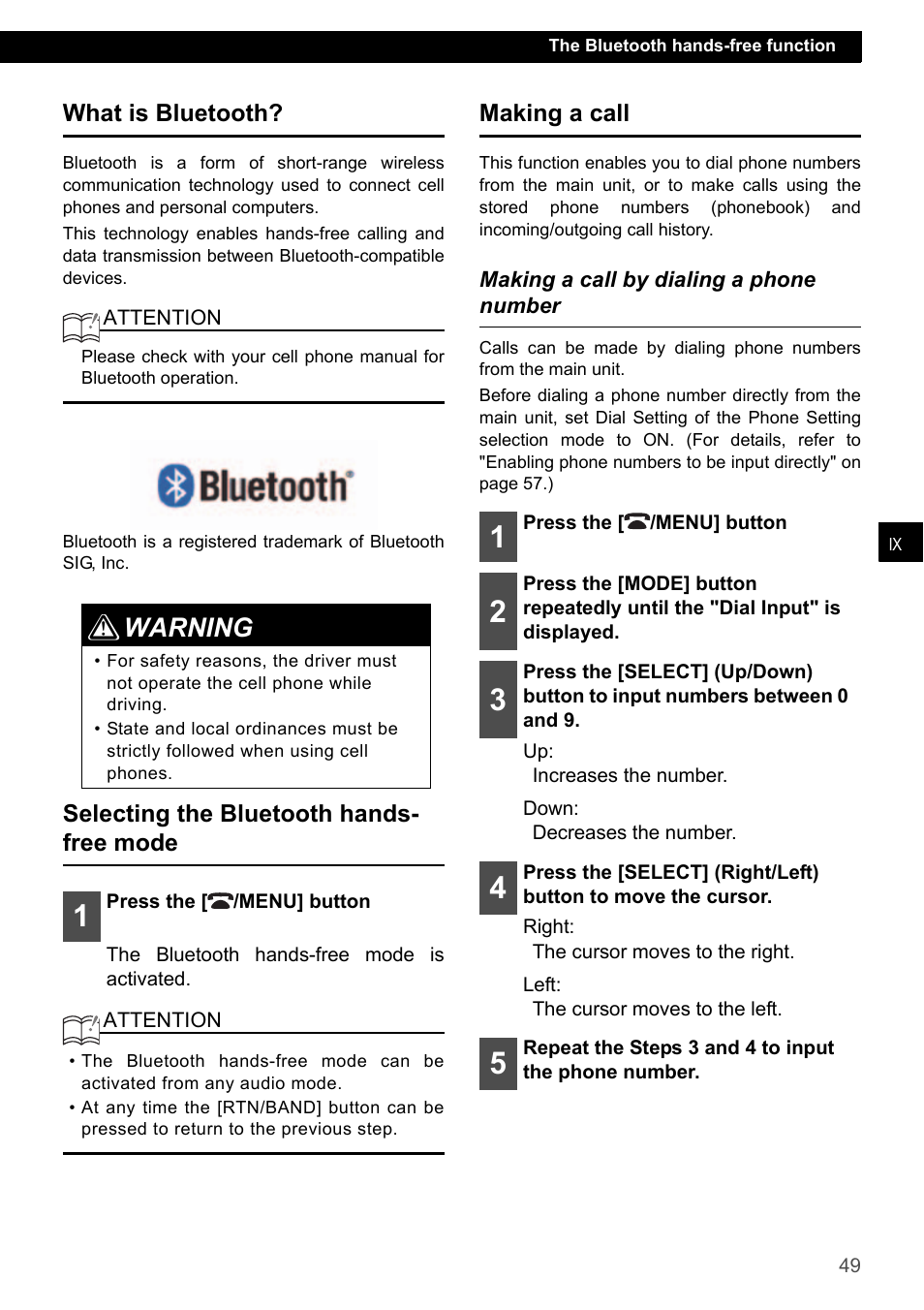 What is bluetooth, Selecting the bluetooth hands-free mode, Making a call | Making a call by dialing a phone number, Warning 1 2 | Eclipse - Fujitsu Ten ECLIPSE CD3200 User Manual | Page 49 / 111