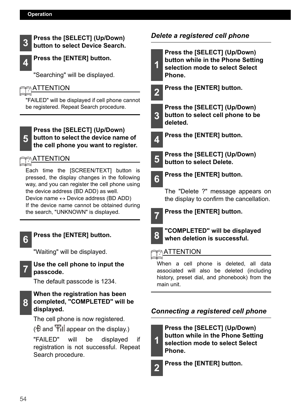 Delete a registered cell phone, Connecting a registered cell phone | Eclipse - Fujitsu Ten ECLIPSE CD3200 User Manual | Page 54 / 111