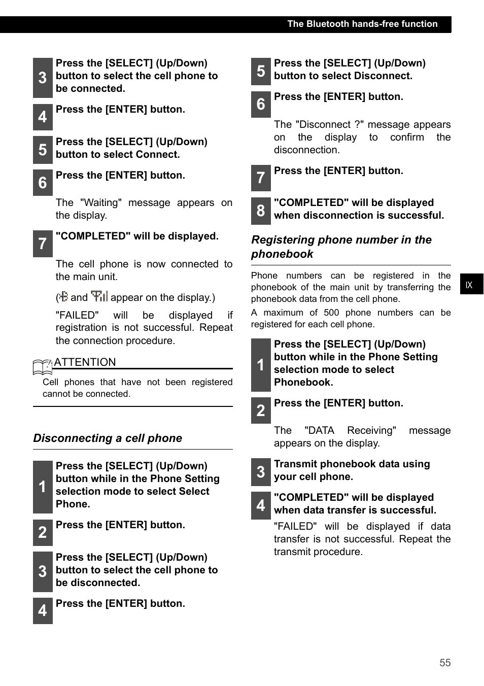 Disconnecting a cell phone, Registering phone number in the phonebook | Eclipse - Fujitsu Ten ECLIPSE CD3200 User Manual | Page 55 / 111