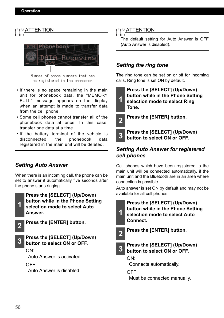 Setting auto answer, Setting the ring tone, Setting auto answer for registered cell phones | Eclipse - Fujitsu Ten ECLIPSE CD3200 User Manual | Page 56 / 111