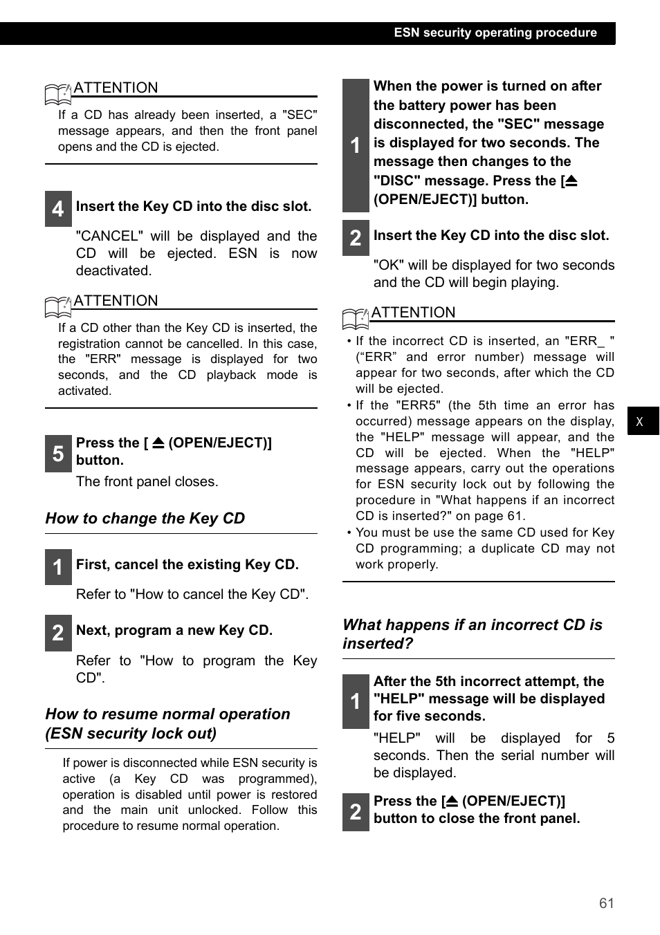 How to change the key cd, What happens if an incorrect cd is inserted | Eclipse - Fujitsu Ten ECLIPSE CD3200 User Manual | Page 61 / 111