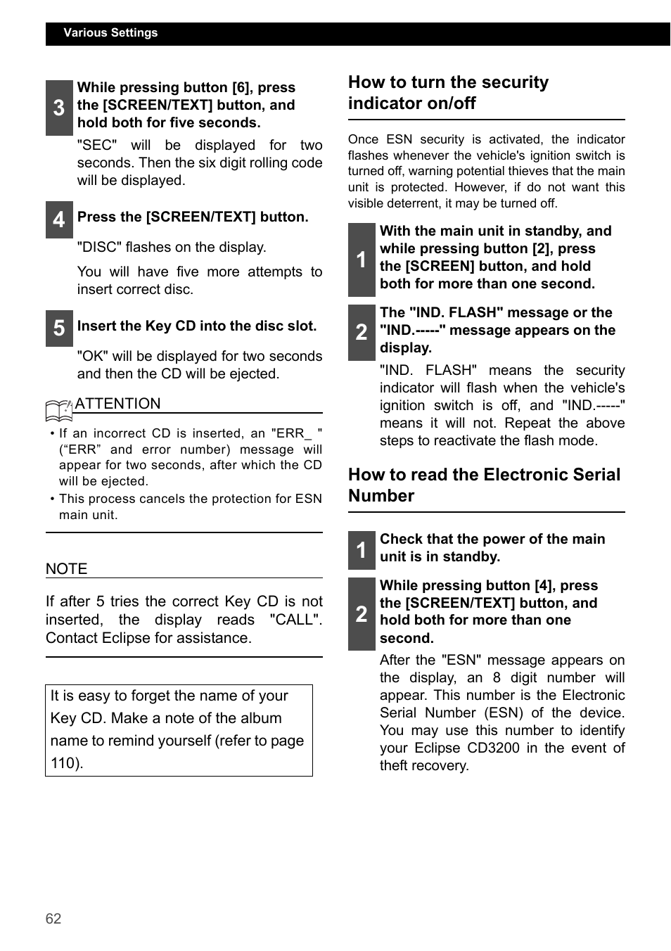 How to turn the security indicator on/off, How to read the electronic serial number | Eclipse - Fujitsu Ten ECLIPSE CD3200 User Manual | Page 62 / 111