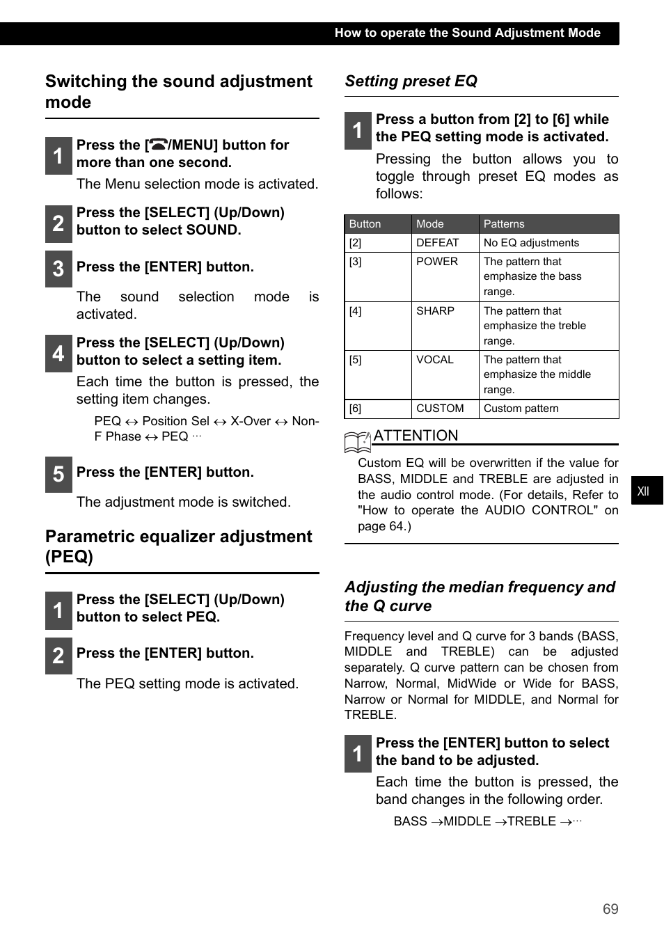 Switching the sound adjustment mode, Parametric equalizer adjustment (peq), Setting preset eq | Adjusting the median frequency and the q curve | Eclipse - Fujitsu Ten ECLIPSE CD3200 User Manual | Page 69 / 111