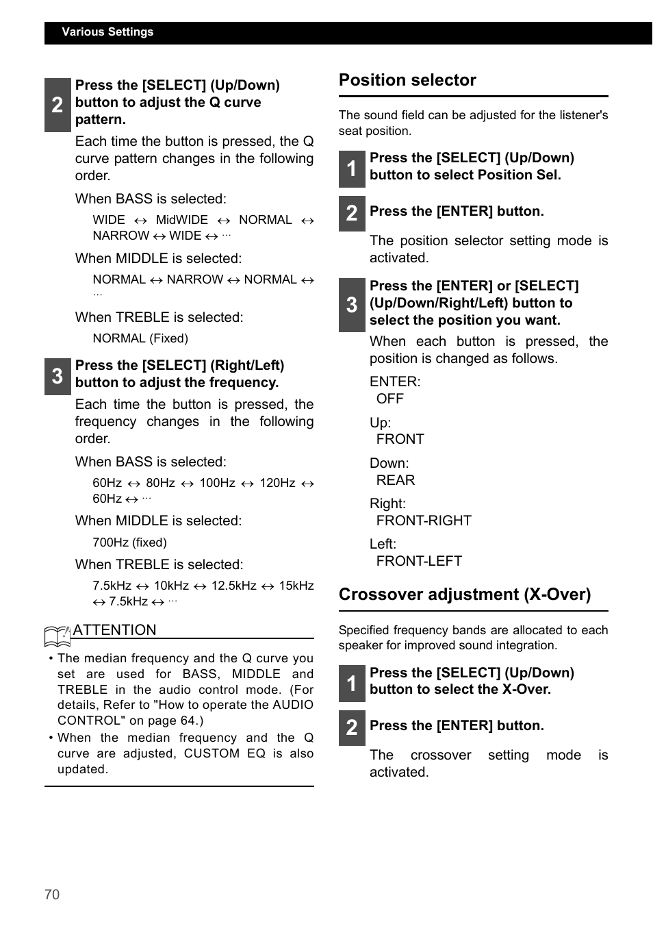 Position selector, Crossover adjustment (x-over), Position selector crossover adjustment (x-over) | Eclipse - Fujitsu Ten ECLIPSE CD3200 User Manual | Page 70 / 111