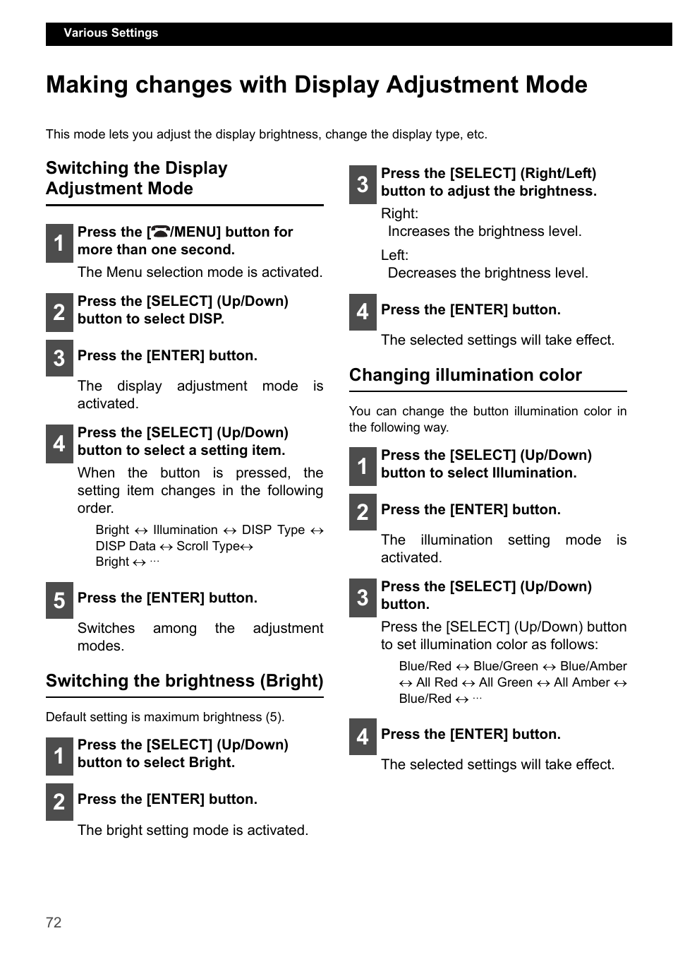 Making changes with display adjustment mode, Switching the display adjustment mode, Switching the brightness (bright) | Changing illumination color | Eclipse - Fujitsu Ten ECLIPSE CD3200 User Manual | Page 72 / 111
