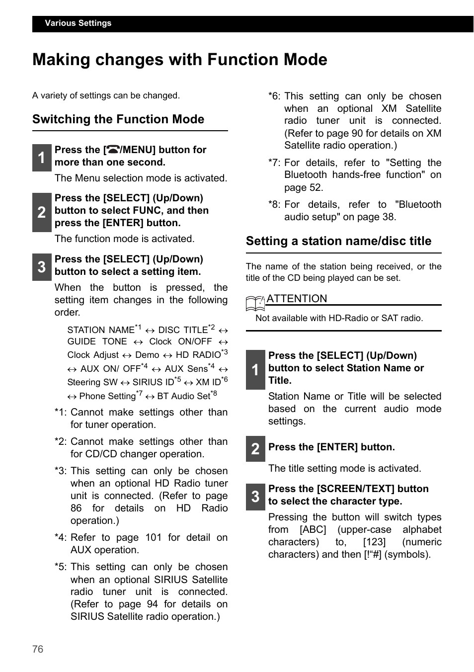 Making changes with function mode, Switching the function mode, Setting a station name/disc title | Eclipse - Fujitsu Ten ECLIPSE CD3200 User Manual | Page 76 / 111