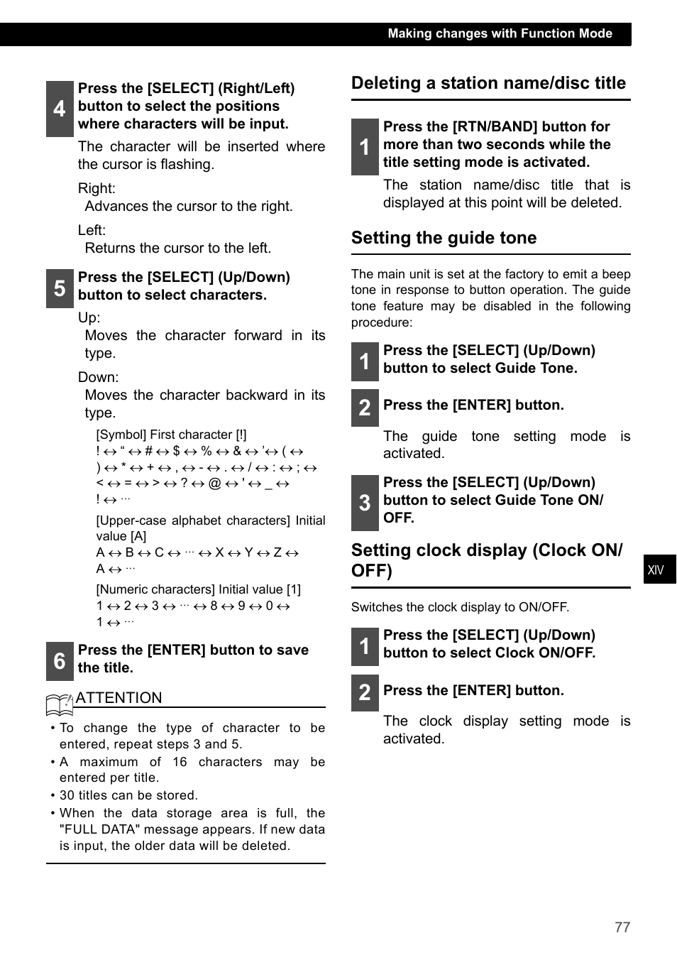 Deleting a station name/disc title, Setting the guide tone, Setting clock display (clock on/ off) | Eclipse - Fujitsu Ten ECLIPSE CD3200 User Manual | Page 77 / 111