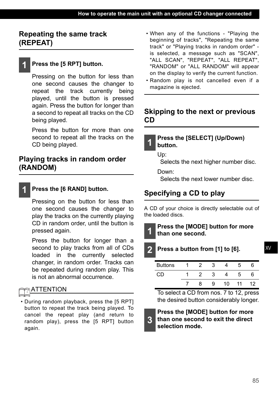 Repeating the same track (repeat), Playing tracks in random order (random), Skipping to the next or previous cd | Specifying a cd to play | Eclipse - Fujitsu Ten ECLIPSE CD3200 User Manual | Page 85 / 111