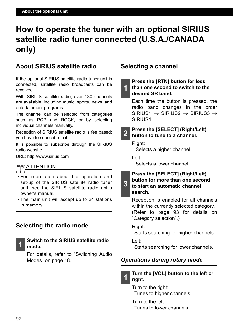 About sirius satellite radio, Selecting the radio mode, Selecting a channel | Operations during rotary mode | Eclipse - Fujitsu Ten ECLIPSE CD3200 User Manual | Page 92 / 111