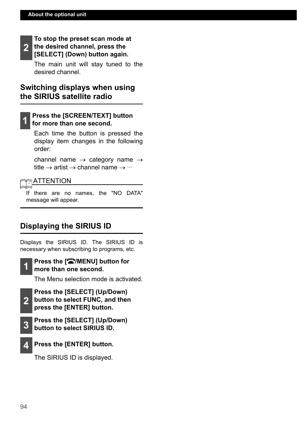 Displaying the sirius id | Eclipse - Fujitsu Ten ECLIPSE CD3200 User Manual | Page 94 / 111