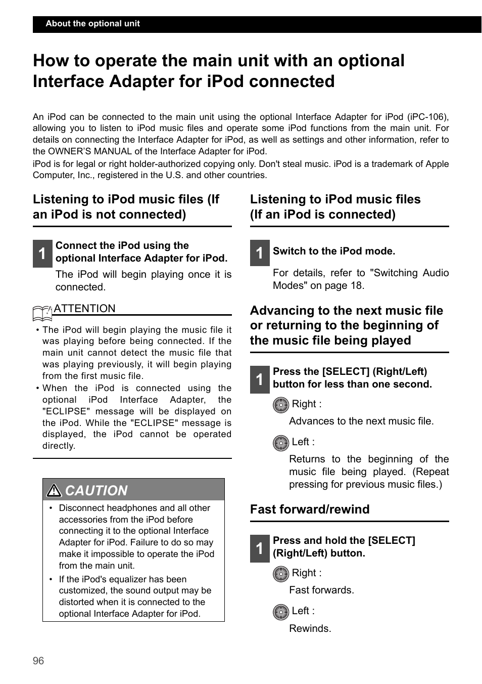 Fast forward/rewind, Caution 1 2 | Eclipse - Fujitsu Ten ECLIPSE CD3200 User Manual | Page 96 / 111