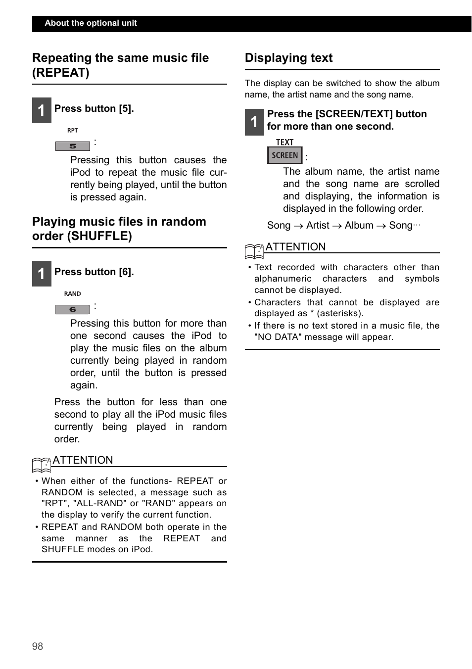 Repeating the same music file (repeat), Playing music files in random order (shuffle), Displaying text | Eclipse - Fujitsu Ten ECLIPSE CD3200 User Manual | Page 98 / 111